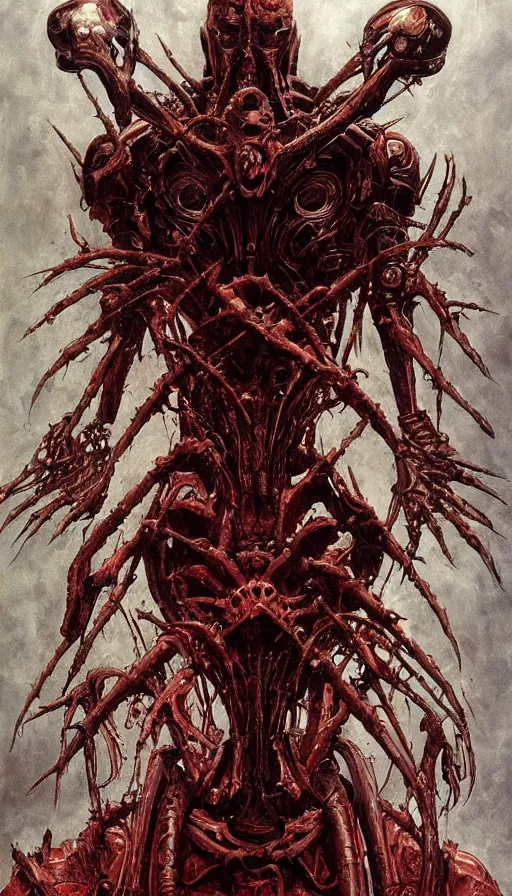 Image similar to Doom themed painting of symmetrical torso black and crimson inferno armor with extended evil armored hands concept, intricate artwork by H.R. Giger, Johnatan Wayshak, Zdizslaw Beksinski, Ayami Kojima, Amano, Karol Bak, Moebius, and Mark Brooks, Neo-Gothic, gothic, rich deep colors, art by Takato Yamamoto, masterpiece, face by Artgerm, very coherent artwork, cinematic, hyper realism, high detail, octane render, unreal engine, 8k, High contrast, golden ratio, trending on cgsociety