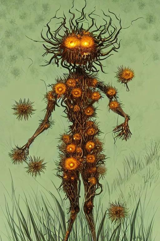 Image similar to a humanoid figure dandelion plant monster, amber eyes, highly detailed, digital art, sharp focus, ambient lighting, glowing, full body, trending on art station, anime art style