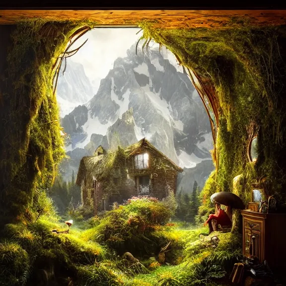 Image similar to fantastical living room with switzerland landscape in the window by marc adamus, beautiful dramatic lighting, overgrown with funghi, style by peter deligdisch, peterdraws