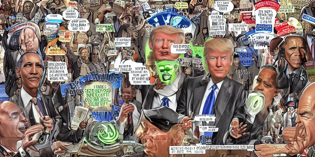 Prompt: David Dees style conspiracy image containing toilets, aliens, Donald Trump, Brack Obama, Hillary Clinton, and Joe Biden