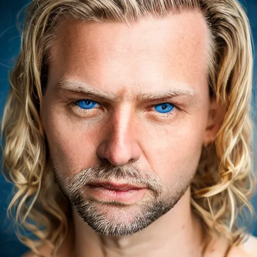 Image similar to close up of face of 4 0 year old anglo slavic blond man with blond stubble, very short wavy blond hair, very dark blue eyes, portrait, 4 k