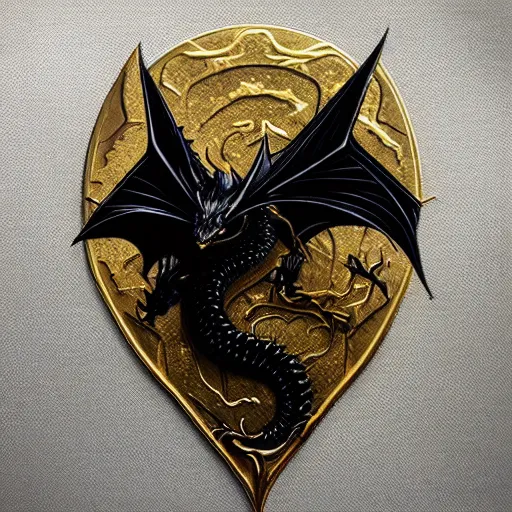 Image similar to emblem of black dragon on a gold metallic dragon emblem, by artgerm, tom bagshaw, gerald brom, moody vibe, goth vibe, gold, 4 k, hd,