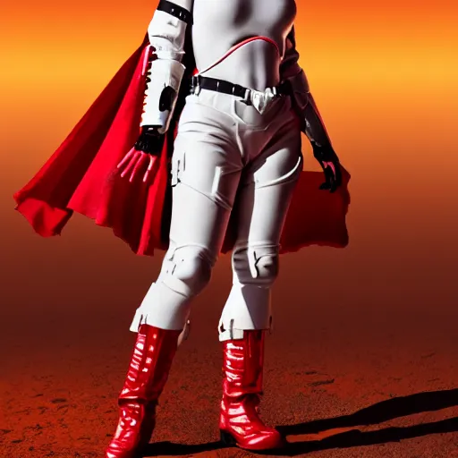 Image similar to a young female soldier wearing blood-spattered glossy sleek white dinged scuffed armor and a long torn red cape, heroic posture, determined expression, elegant, no helmet, on the surface of mars, dramatic lighting, cinematic, sci-fi, hyperrealistic, detailed