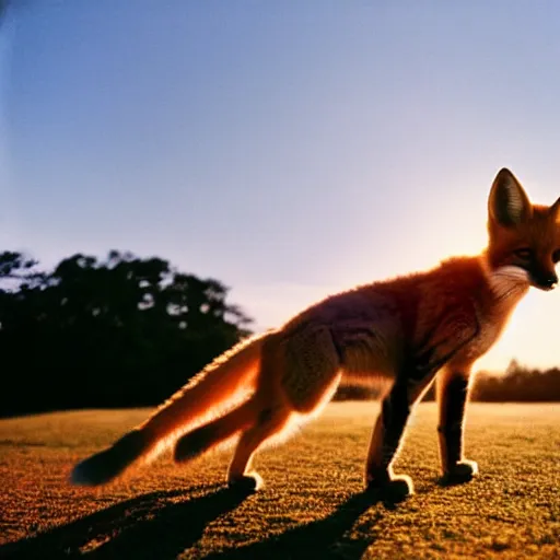 Prompt: a low angle photo of a cat fox hybrid, at the golden hour, sunset, sunrise, warm lighting, strongshadows, photo by slim aarons, award winning, 4 k