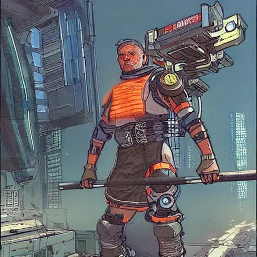 Image similar to Apex legends cyberpunk weightlifter. Concept art by James Gurney and Mœbius.