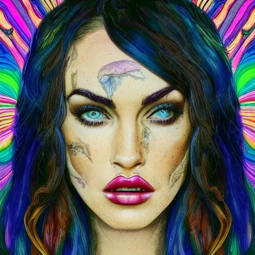 Prompt: an extremely psychedelic portrait of megan fox as lilith, surreal, lsd, face, detailed, intricate, elegant, lithe, highly detailed, digital oth, sharp focus, illustration,