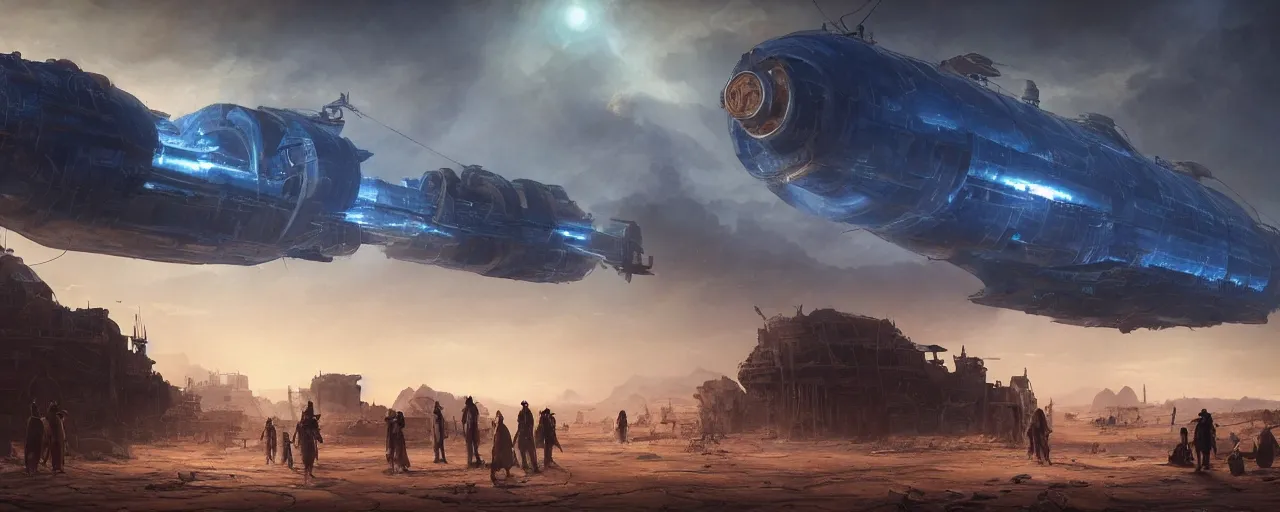 Image similar to Dark blue glowing desert with old steampunk airship as the subject, big and laying in the middle, barely functioning, it has attracted a crowd, very detailed concept art, matte painting, digital art, concept art, realistic beautiful, trending on Artstation, Greg Rutkowski