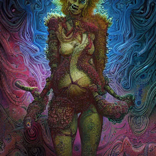 Prompt: highly evolved biomechanical nubile phyrexian dreadnought pregnant borg queen hybrid dotted with small fractal lichens and fungal growth being possessed by the machine spirit, artists tram pararam and doctor seuss with beryl cook and jack kirby, high contrast cinematic light, mystical shadows, sharp focus, octane render