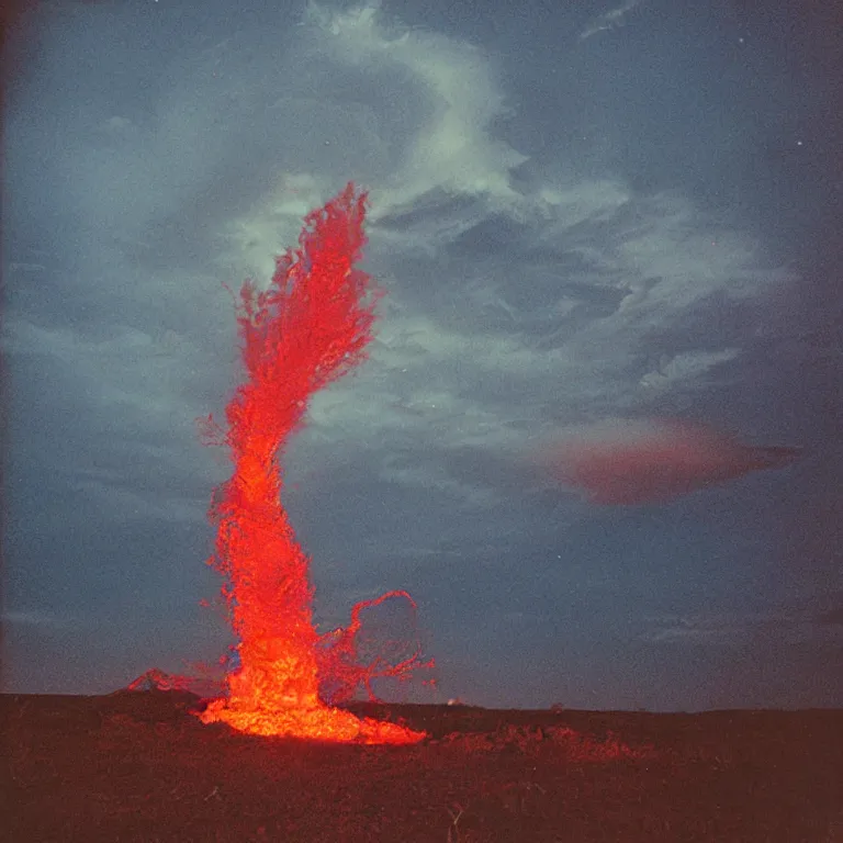 Prompt: A transparent glass Volcano violently spewing lava into space, The lava becomes lightning branching into the sky, dark background, photograph by William Eggleston