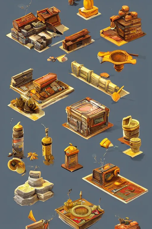 Prompt: different isometric props by the artist Alexey Druzhkov Rendering six different isometric game assets on items, magic, buildings, full of details, by pinterest and Alexey Druzhkov , art book, trending on artstation