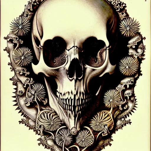 Image similar to art forms of nature by ernst haeckel, memento mori by arthur rackham, ornate antique porcelain beautiful skull mask, ultrasharp, photorealistic, hyperdetailed, octane render, polished, art nouveau, neo - gothic, gothic, intricate ornamental organic filigree, art nouveau botanicals, art forms of nature by ernst haeckel, horizontal symmetry, symbolist, visionary