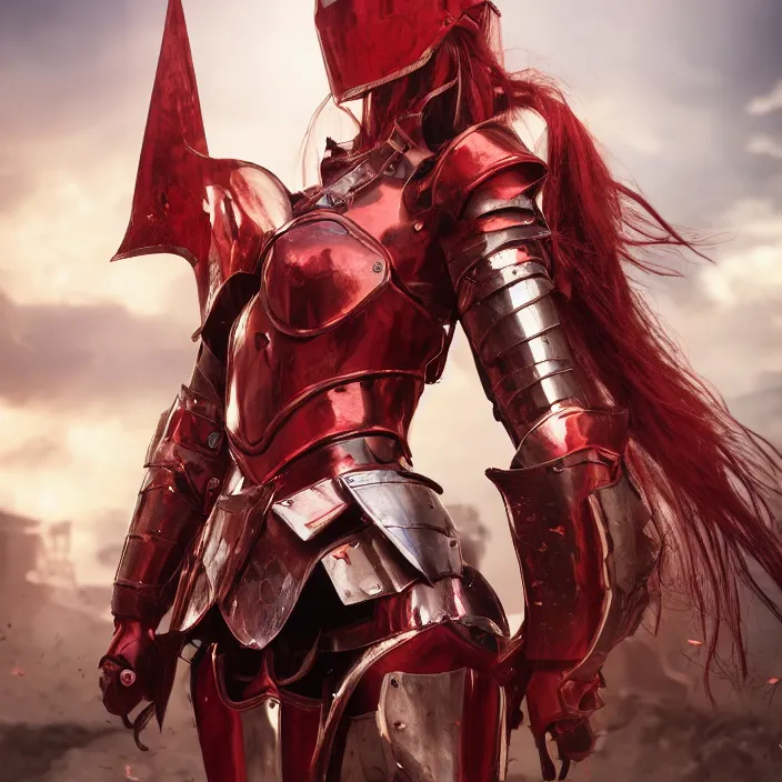 Prompt: a girl with a long red hair wearing a full-body vibrant red plate armor standing in a battlefield, anatomically correct, hyperrealistic, concept art, octane render, unreal engine 5, 8K HDR, highly detailed, high quality, fantasy armor