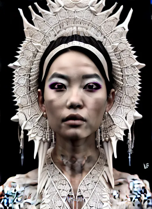 Image similar to absurdly beautiful young thai woman with symmetrical white makeup, wearing an intricate headdress made from bones, wearing large earrings made from white bones, hyperdetailed illustration by irakli nadar and alexandre ferra, intricate linework, unreal engine 5 highly rendered, global illumination, radiant light, detailed and intricate environment
