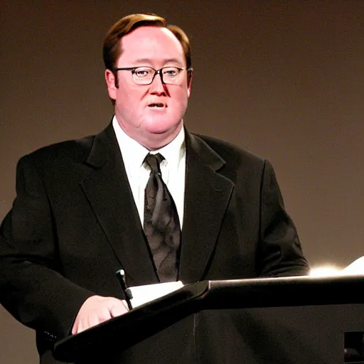 Prompt: 2 0 0 7 john lasseter wearing a black suit and black necktie giving a eulogy at a podium. his eyes are wet with tears, emotional, looks sad and solemn, face screwed with grief