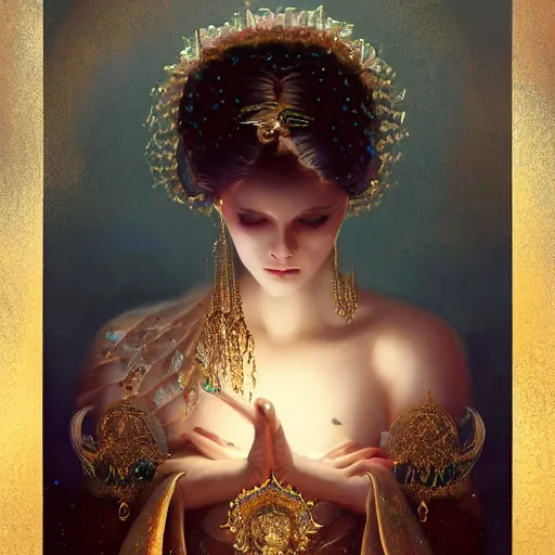 Image similar to A beautiful digital painting of a female angel full of jewels, princess, the moon behind her, intricate, cinematic lighting, highly detailed, digital painting, Artstation, concept art, smooth, sharp focus, illustration, art by Tom Bagshaw, Artgerm and Greg Rutkowski