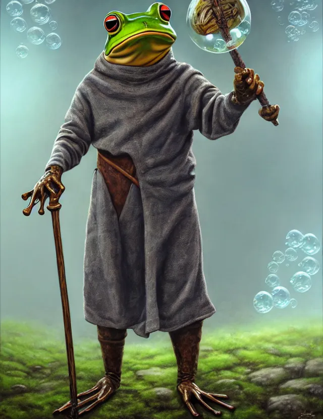 Image similar to anthropomorphic bipedal frog that is dressed as a medieval worker, and wielding a spiked mace, as a matte oil painting, d & d character reveal, by alex grey, standing, fullbody, floating bubbles, fog, mystic, concept art, award - winning, extremely detailed, sharp focus