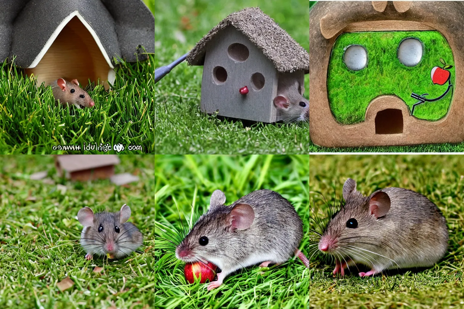 Prompt: A mouse with a lawn mower. A n apple that is a house. Windows carved into the apple house. The mouse pushes a lawnmower through the grass. The mouse lives in a tiny apple house. The lawn needs a lot of work. Luckily, the mouse can eat some of the apple house when it's exhausted. If the mouse eats enough apple, it can make more room for it's future spouse. But for now, the mouse needs to mow the lawn.