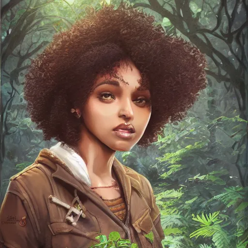 Image similar to A brown girl with black curly hair in a forest, highly detailed, artstation, 8k,