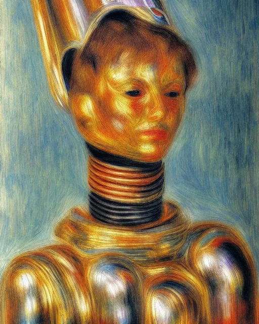 Image similar to portrait of a robot with metallic female face, in the style of Pierre-Auguste Renoir