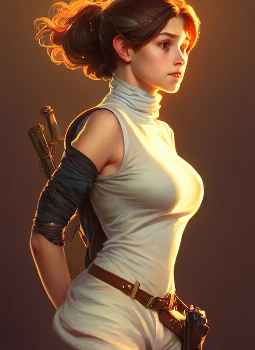 Image similar to portrait of a full body of beautiful young female detective, d & d, sleeveless turtleneck, fantasy, flat lighting, intricate, highly detailed, digital painting, artstation, concept art, smooth, sharp focus, illustration, art by simon bisley and greg rutkowski and alphonse mucha, natural tpose