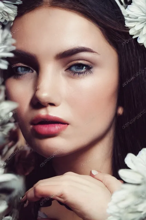 Prompt: close - up fashion woman portrait airy flowers clouds