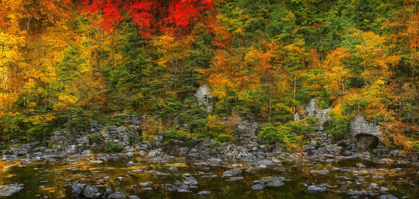 Image similar to stone cottages underneath a dense tall forest, pristine ponds. bodyscapes. fine painting intricate brush strokes, bright depth oil colors. 2 8 mm perspective multisourced photography by araken alcantara. intense promiseful happiness, autumn sunrise warm hdri forest light