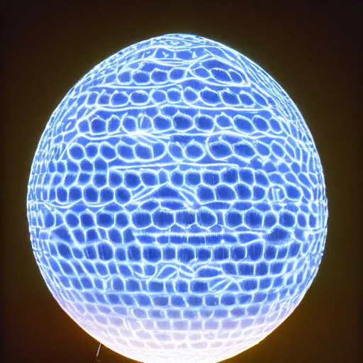 Image similar to tron dinosaur egg made up of glowing electric plates. cinestill