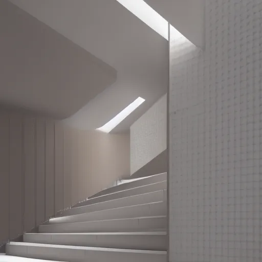 Prompt: 3d render of a liminal space beige and light brown and white colors, abstract interior design, stairs, modernistic, octane render, 8k