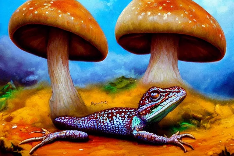 Image similar to highly detailed oil painting of a mushroom lizard in a steaming colorful hotspring, featured on artstation