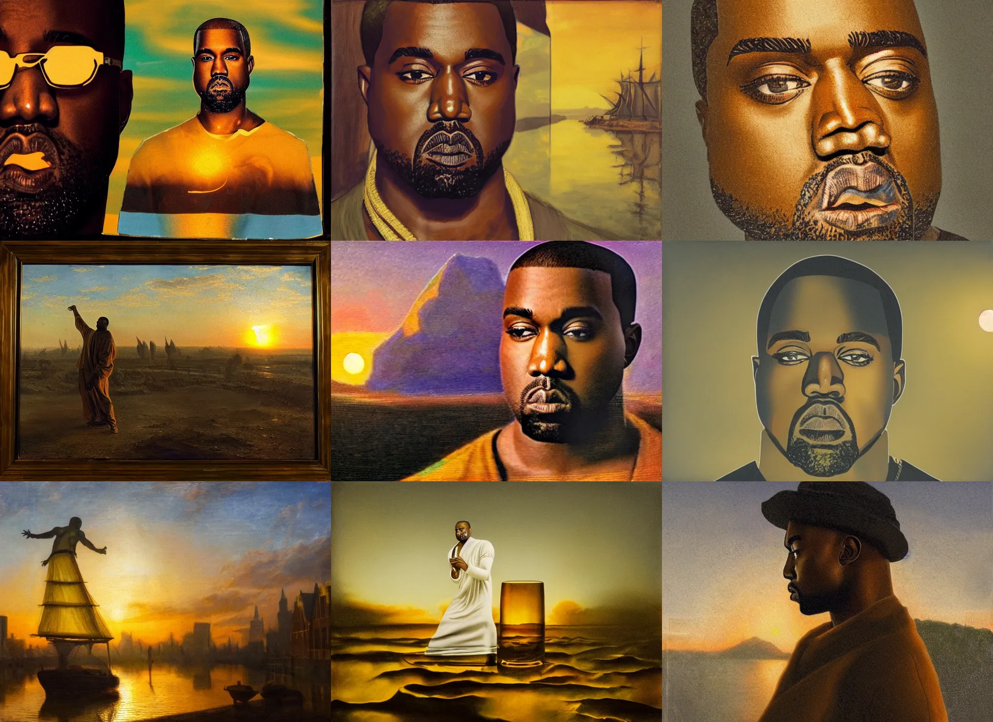 Prompt: a glass kanye west consisting of glass and made from glass, sundown golden hour, prism, in the style of the dutch masters