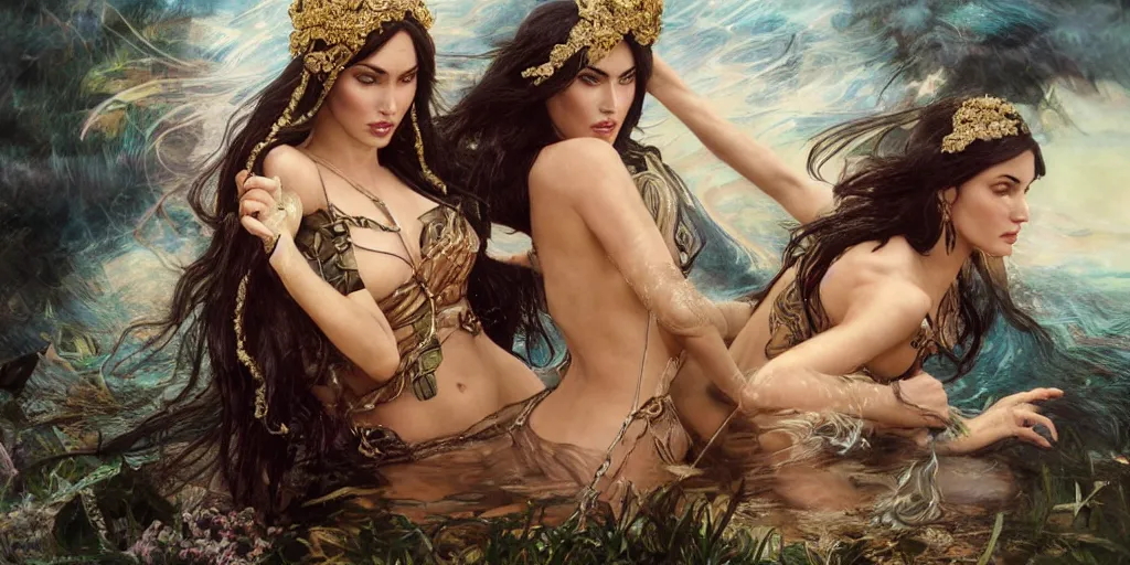 Prompt: hyperrealistic photograph megan fox and monica belucci as mythic goddesses in epic battle, movie poster underwater, a stunning beautiful georgia-era dresses, long hair, abundant detail, photography art by Marsha Raymers, art by artgerm and greg rutkowski and alphonse mucha, rembrandt, ArtStation, concept art, octane render, trending on artstation, artstationHD, artstationHQ, unreal engine, 4k, 8k,