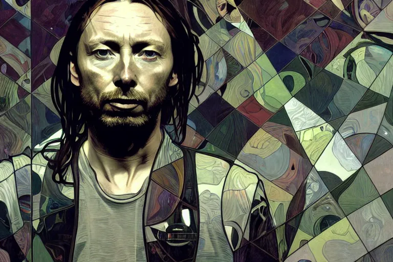 Image similar to hyper realistic portrait of thom yorke singer songwriter, side, liminal space, spacesuit, waterline, reflections, by lee bermejo, alphonse mucha and greg rutkowski