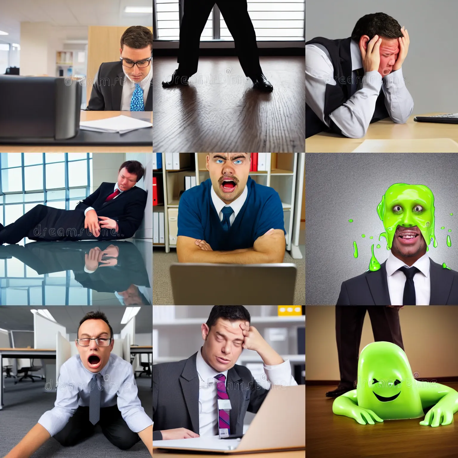 Prompt: bored office worker but his face is like skin coloured slime and melting onto the floor, stock photo