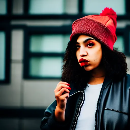 Image similar to Photograph of a mixed woman smoking, wearing a black beanie and black bomber jacket, urban environment, depth of field, 4k, 8k, hd, sigma 85mm f/1.4