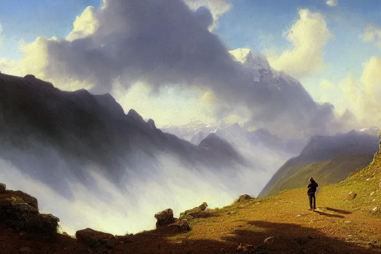 Prompt: a traveler wandering trough the mountains looking at the clouds, very detailed, focused, oil painting, cinematic lighting, albert bierstadt, trending on artstation, colorful, canvas, sunset, hans dahl, theodor kittelsen, hermann hendrich, national geographic, Konstantin Yakovlevich Kryzhitsky, beautiful nature, breathtaking, nordic