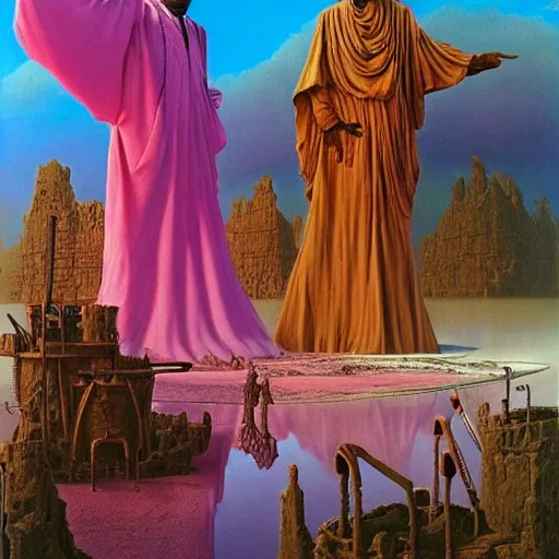 Image similar to african moors in white robes building a steampunk portal near a pink lake by zdislaw beksinski and thomas blackshear and alex grey, oil on canvas, afrofuturism 8k