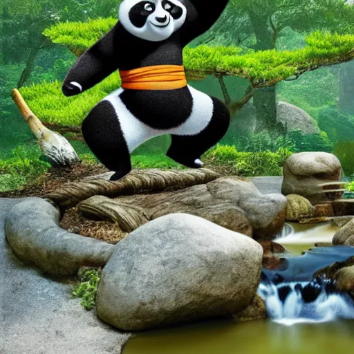 Image similar to photograph of Kung Fu Panda practicing in a Japanese mystical village, bonsai, streams, bamboo forest, koi ponds