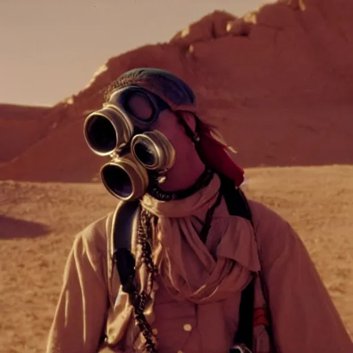 Image similar to a pirate wearing a gasmask, in the desert, film still, arriflex 3 5