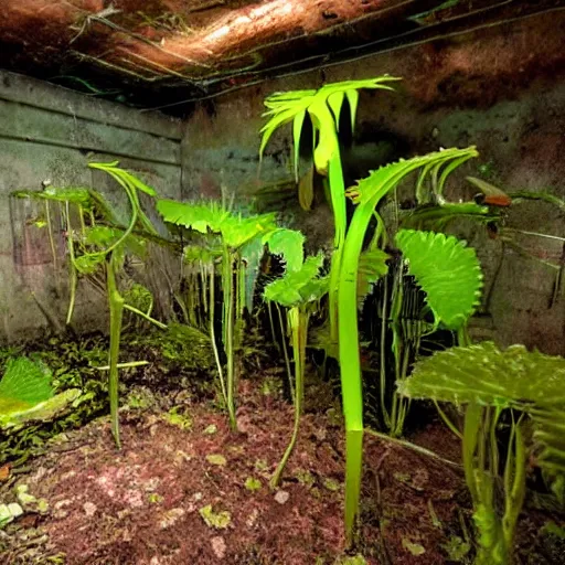 Image similar to abandoned, overgrown, underground bunker. giant mutated venus flytrap room.