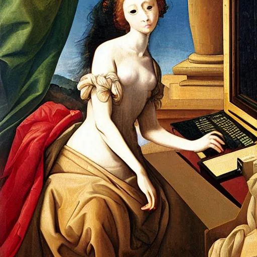 Prompt: renaissance oil painting, rococo, manga skinny female artist gestural painting brush freely giant wall size computer screen and keyboard