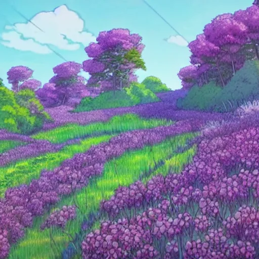 Image similar to A wide-up shot of a sea of withe dandelions with green wind blowing, anime style, Studio Ghibli style, cel shading,