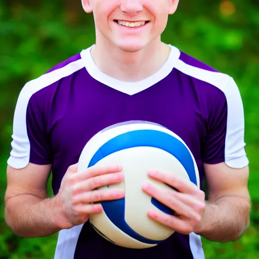 Prompt: photographic portrait of a young white male smiling with short brown hair that sticks up in the front, blue eyes, groomed eyebrows, tapered hairline, sharp jawline, wearing a purple white volleyball jersey, sigma 85mm f/1.4, 15mm, 35mm, 4k, high resolution, 4k, 8k, hd, full color