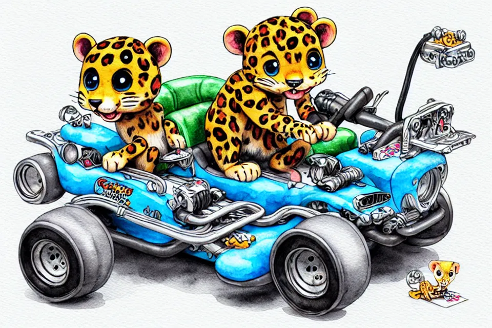 Image similar to cute and funny, baby leopard riding in a tiny go kart with oversized engine, ratfink style by ed roth, centered award winning watercolor pen illustration, isometric illustration by chihiro iwasaki, edited by range murata, tiny details by artgerm and watercolor girl, symmetrically isometrically centered