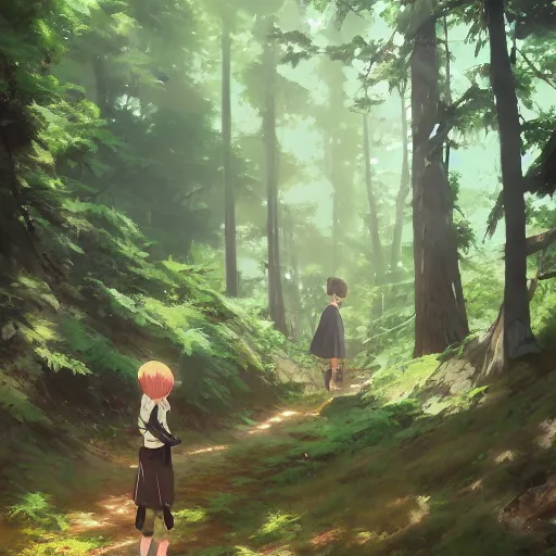 Image similar to anime character in the woods, hyperrealistic, trending on pixiv fanbox, painted by greg rutkowski makoto shinkai takashi takeuchi studio ghibli, akihiko yoshida