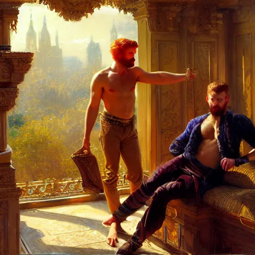 Prompt: attractive male mike with ginger hair with attractive male tyler with brunet hair, drinking their hearts out, in their noble mansion. highly defined painting, highly detailed painting by gaston bussiere, craig mullins, donato giancola 8 k