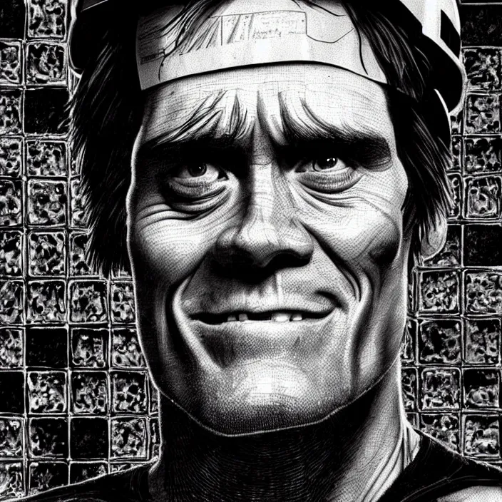 Image similar to extreme close - up on jim carrey as a miner : background : black tiles on walls. black and white, pencil and ink. by gabriel hardman, joe alves, chris bonura. cinematic atmosphere, detailed and intricate, perfect anatomy