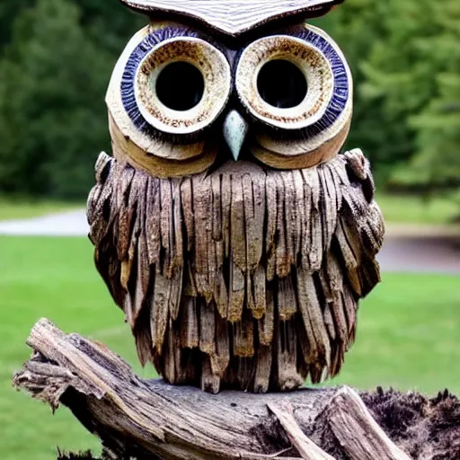 Prompt: symmetrical detailed sculpture of an owl, made of driftwood