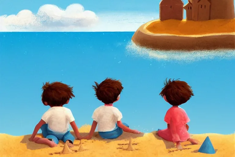 Image similar to Two happy children sitting on the beach making sandcastles, blue sky, HD, illustration by Benji Davies