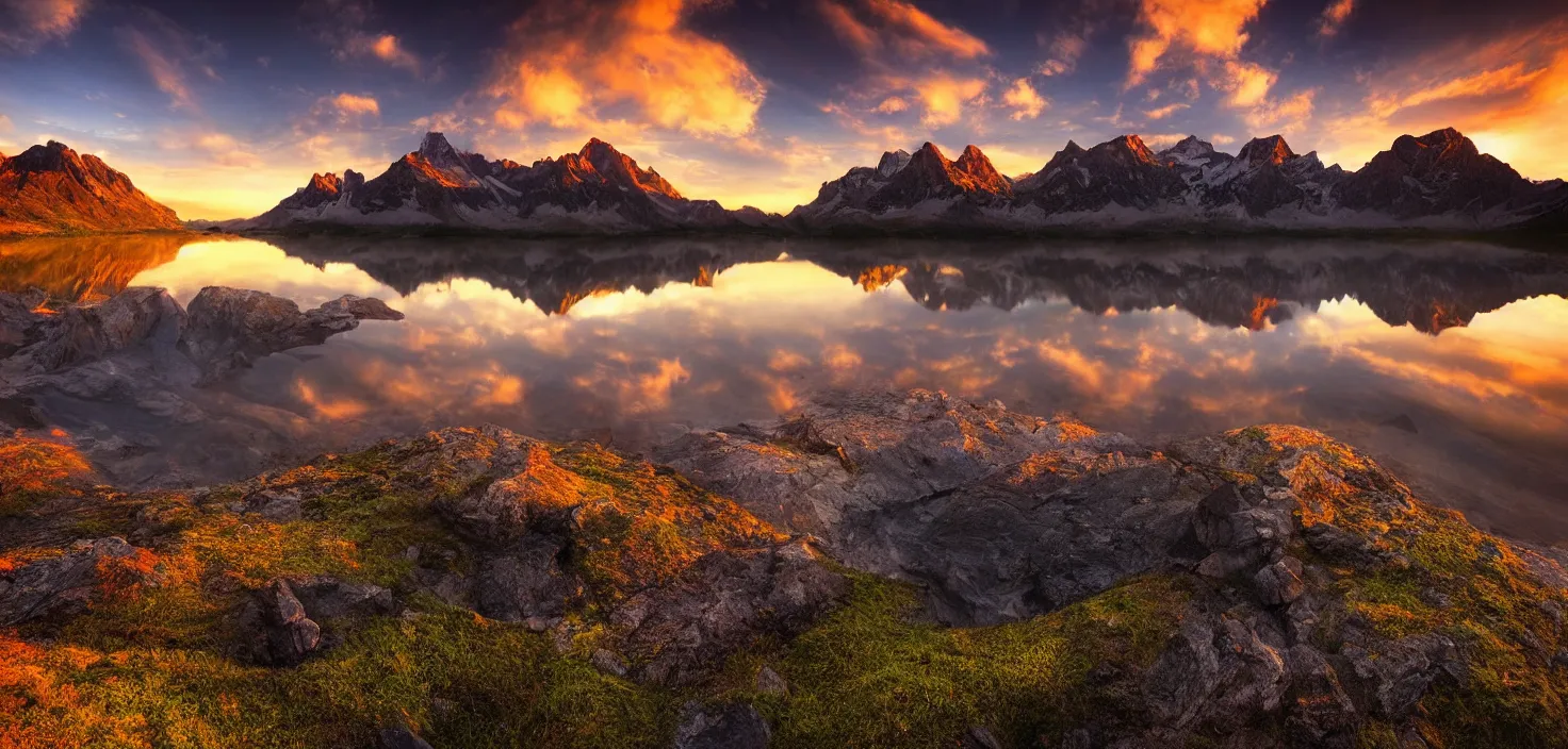 Image similar to amazing landscape photo of mountains with lake in sunset by marc adamus, beautiful dramatic lighting