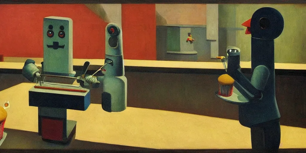 Image similar to robot with a beak dispensing icing onto cupcakes on a conveyor belt, grant wood, pj crook, edward hopper, oil on canvas